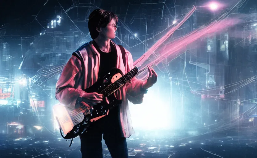 Image similar to found footage of Marty McFly playing a futuristic guitar, in liminal space, cyberpunk, film grain, dark lighting, realistic, photgraph, silent hill style, detailed cinematic lighting