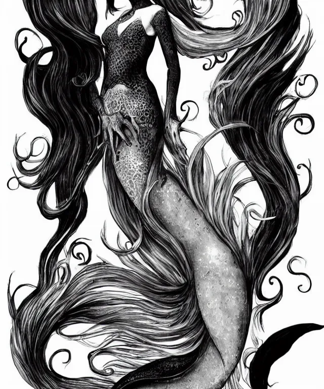 Image similar to black and white illustration, creative design, dark fantasy, mermaid, full body