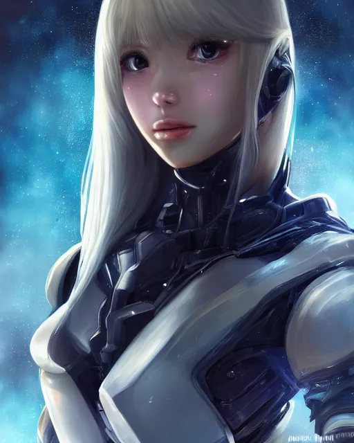 Image similar to detailed portrait of perfect android girl, warframe armor, beautiful face, scifi, futuristic, space station, laboratory, song hye - kyo, dreamy, long white hair, blue cyborg eyes, cinematic lighting, innocent, highly detailed, sharp focus, smooth, artstation, intricate, award winning, pure aura, divine, by akihiko yoshida