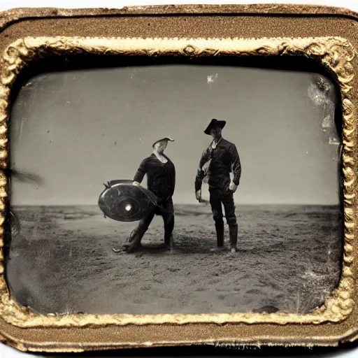 Prompt: tintype photo, bottom of the ocean, cowboy fighting a alien