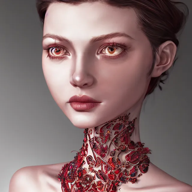 Prompt: studio portrait of absurdly beautiful, elegant, young woman made of rubies, ultrafine hyperrealistic detailed face illustration by kim jung gi, irakli nadar, intricate linework, sharp focus, bright colors, matte, octopath traveler, final fantasy, unreal engine highly rendered, global illumination, radiant light, intricate environment