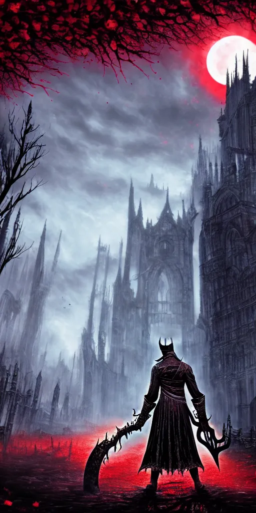 Image similar to populated bloodborne old valley with a dark person at the centre and a ruined gothic city in the background, trees and stars in the background, falling red petals, epic red - orange moonlight, perfect lightning, wallpaper illustration by niko delort and kentaro miura, 4 k, ultra realistic