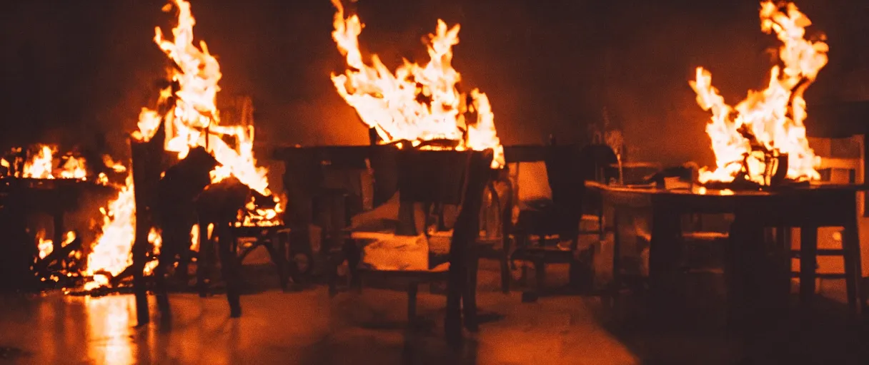 Image similar to a studio photograph (flash on) of a big fire on a dining room on fire, an human-like relaxed dog sitting on a wooden chair at a table (no fire at all there), ☕ on the table, surrounded by flames, a lot of flames behind the dog, black smoke instead of the ceiling, no watermark