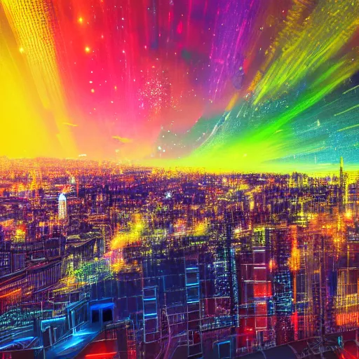 Image similar to modern city, night time, neon colours, water front apart of city, stars and comet in sky, high def, 8 k, hd, high definition building, made with spray paint,