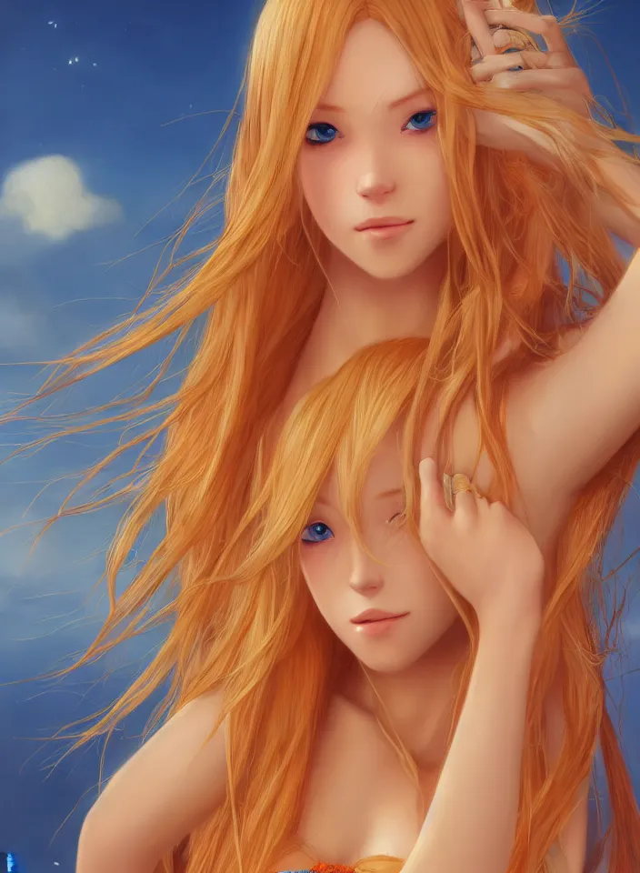 Image similar to beautiful blond woman in orange tribal bikini, long blond hair behind the ear, by makoto shinkai, by eugene de blaas and ross tran, 8 k, high resolution render, cinematic color grading, intricately detailed, in the style of romanticism,