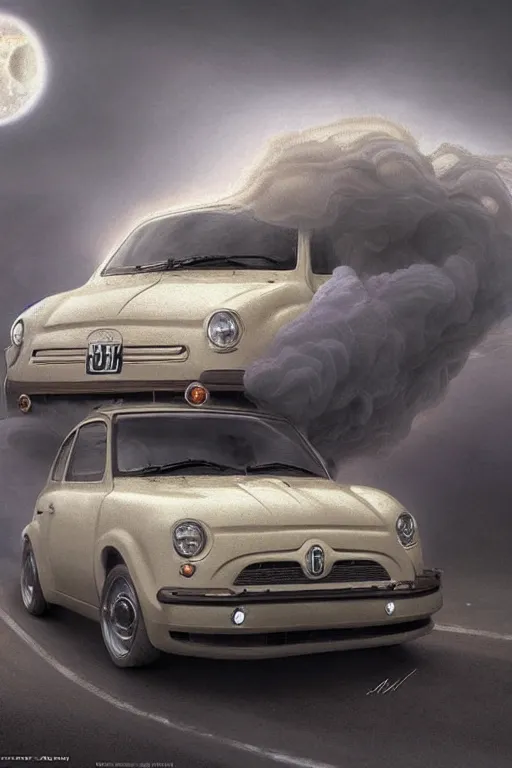 Image similar to Intricate stunning highly detailed Fiat 600R built in Spain, White color, digital painting by agostino arrivabene and Vladimir Kush, surreal, ultra realistic, Horror vacui, dramatic lighting, full moon, thick black swirling smoke tornado, burning fire embers, artstation