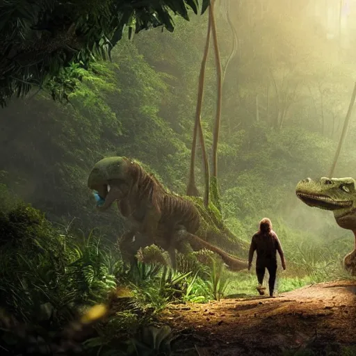 Prompt: tyrannosaurus rex walking through a jungle, atmosperic, dramatic lighting, trending on artstation, a still from pixar movie