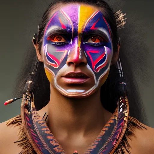 Prompt: a beautiful female indigenous warrior with futuristic face paint, ornamental markings, photorealistic, cinematic lighting, high resolution 4 k