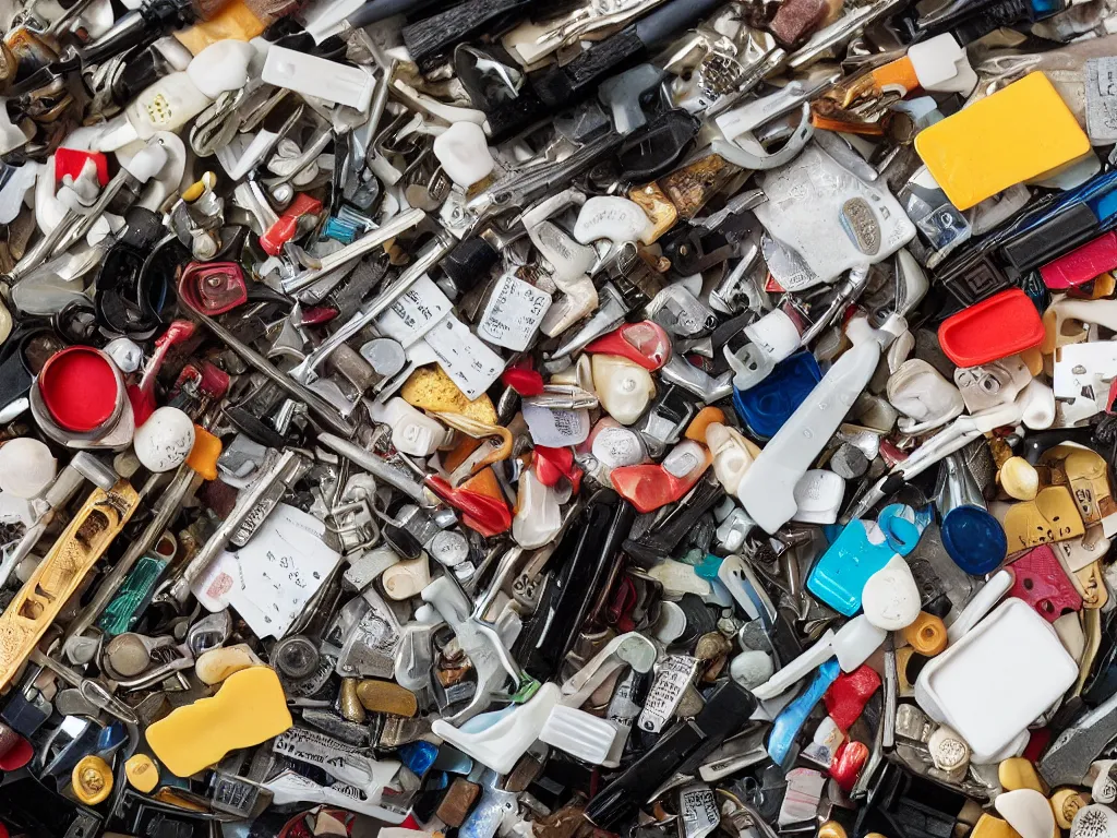 Image similar to closeup detailed photograph, the average households junk drawer