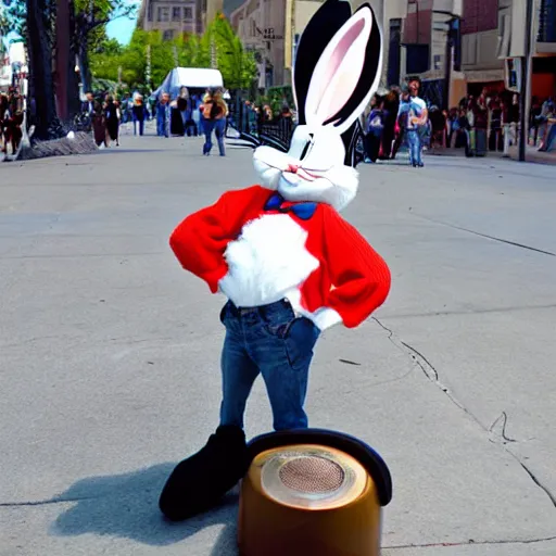 Prompt: bugs bunny 2040s street performer