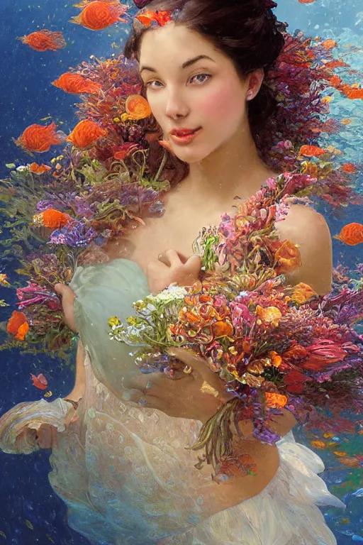 Image similar to portrait of a beautiful mysterious woman holding a bouquet of flowing flowers, small bubbles from her mouth, hands hidden under the bouquet, submerged underwater filled with colorful small fish and coral reef, fantasy, regal, intricate, by stanley artgerm lau, greg rutkowski, thomas kindkade, alphonse mucha, loish, norman rockwell