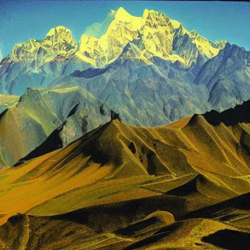 Prompt: a stunning vista in the andes mountains, by bosch and lisa frank