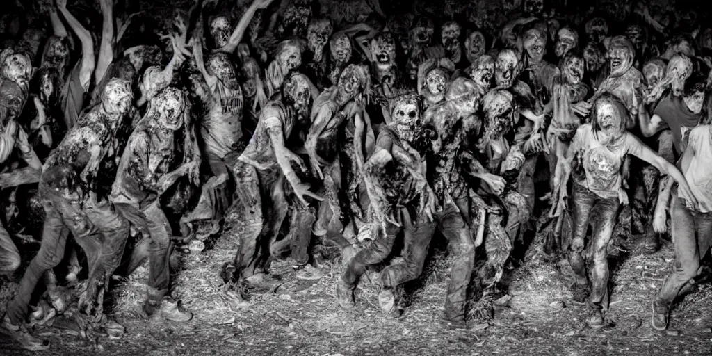 Prompt: a horde of zombies rushing toward camera, too many to count, outstretched and terrible arms, dirt road in Missouri night