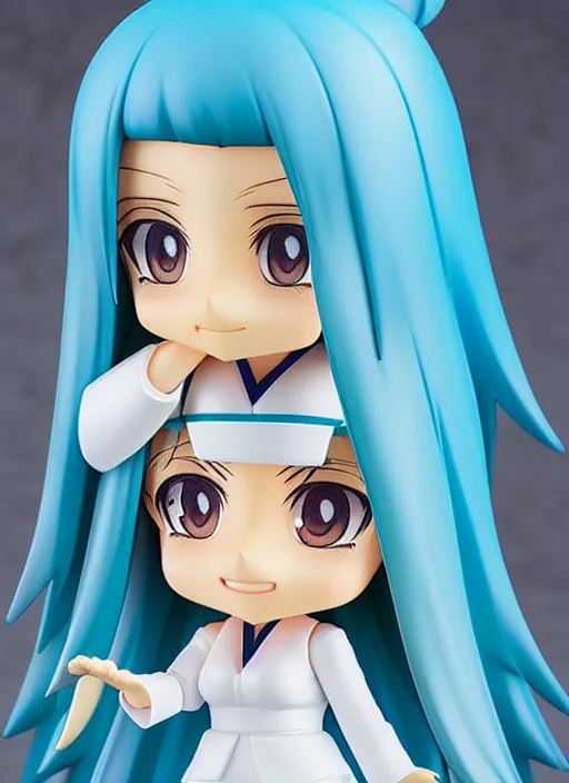 Prompt: nendoroid anime beautiful female witch, very long blue hair, detailed green eyes, pretty symmetrical face, fullbody, white robes blue skirt, anime, nendoroid,