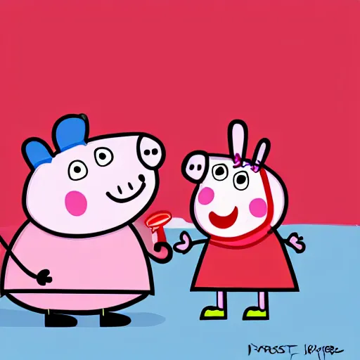 Image similar to peppa pig robbing a bank, digital art