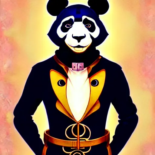 Image similar to don bluth, loish, artgerm, joshua middleton, steampunk, clockpunk anthropomorphic panda, full sailor suit, symmetrical eyes symmetrical face, colorful animation forest background