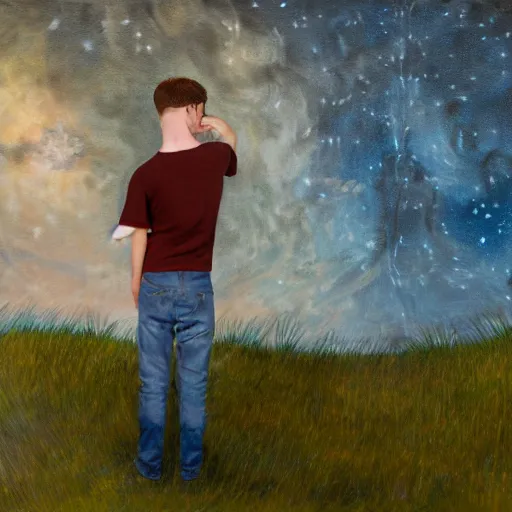 Prompt: oil painting back side of a fourteen year old boy with auburn hair, standing on a grassy hill at night, looking skyward, back to camera, wearing jeans and white sneekers, noah bradley, inna stefanova, dramatic lightin, night, stars, : : sketch by leonardo da vinci, realistic, color, detailed, whole body, 4 k,