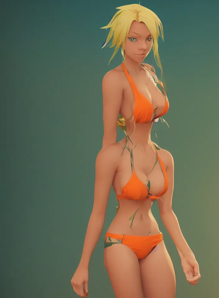 Image similar to beautiful blond woman in orange tribal bikini, blond hair pulled back off the face, green eyes, by makoto shinkai, 8 k, high resolution render, cinematic, unreal engine, clean lineart and flat color,