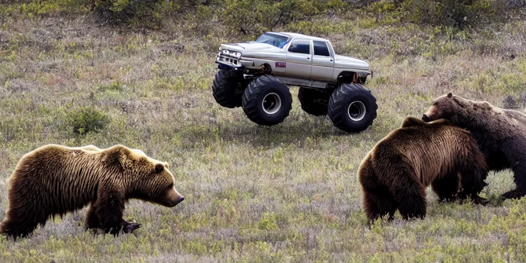 Image similar to A monster truck fighting a grizzly bear in its natural habitat