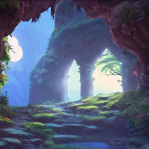 Prompt: beautiful painting of Entrance to a dungeon at the base of an ancient mountain in the morning light, in the style of Studio Ghibli, by Hayao Miyazaki. Octane Render, Unreal Engine, PBR, realistic lightning