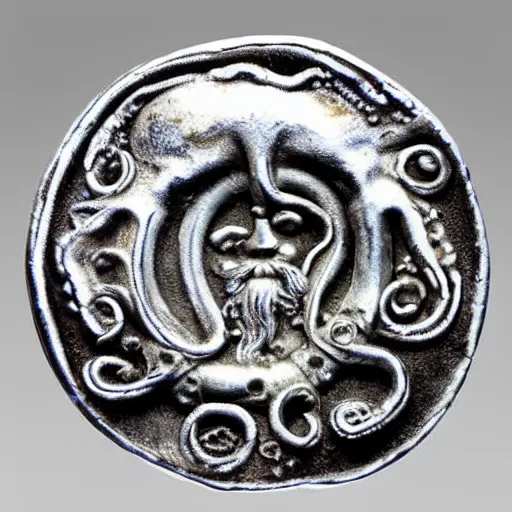 Prompt: Greek silver coin with octopus, from Syracuse, Sicily, 460-450 BC