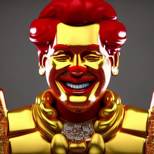 Image similar to A still of Ronald McDonald surrounded by gold and diamonds, Award-winning, photograph, 3d render, unreal engine, 4k detailed