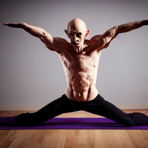 Image similar to portrait of nosferatu doing yoga, sport photography