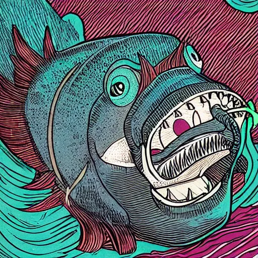 Image similar to illustration of an angler fish, in the stle of yoshi yoshitani, deep sea, large mouth filled with pointed teeth, stylized linework, ornamentation, artistic, color