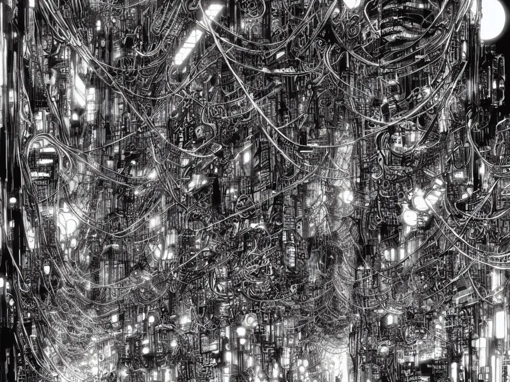 Image similar to cyborg monsters with tentacles and wires in detailed huge cybernetic mega city with wires in space, by nihei tsutomu