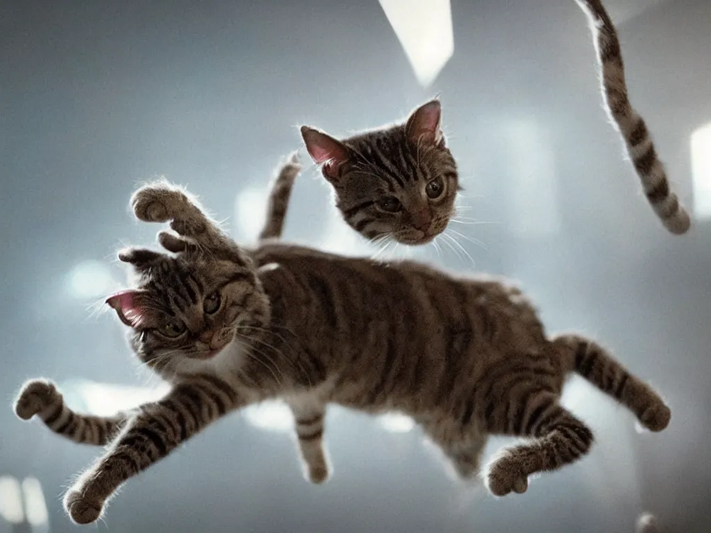 Prompt: Movie still: cat with spider legs. Cinematic shot. Action scene. Movie directed by Stephen Spielberg