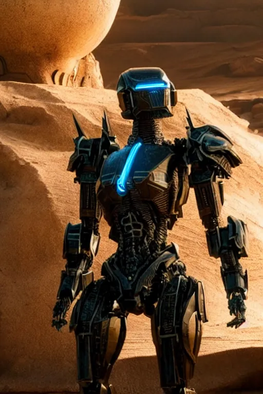 Image similar to cinematic still in westworld and dune movie and pacific rim movie and ps 5 game machine warrior 5, intricate ornate humanoid mecha warrior,