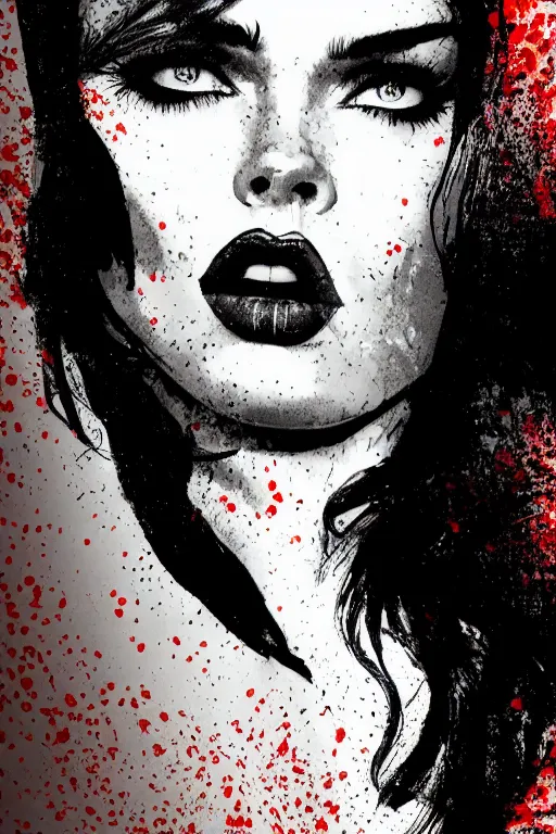 Image similar to dream of a film still from sin city, closeup portrait of film noir megan fox private detective, detailed illustration, digital art, trending on artstation, frank miller, martin ansin, movie poster, paint splatter, gta v,