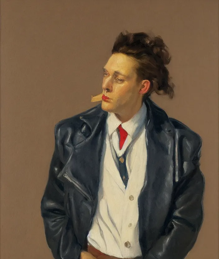 Image similar to a very detailed portrait of a man wearing an 8 0 s jacket with big shoulder pads, very aesthetic leather jacket, detailed closeup of leather jacket, front view, in the style of edward hopper and oswald hornby joseph birley and susan ryder, very small brushstrokes, 4 k,