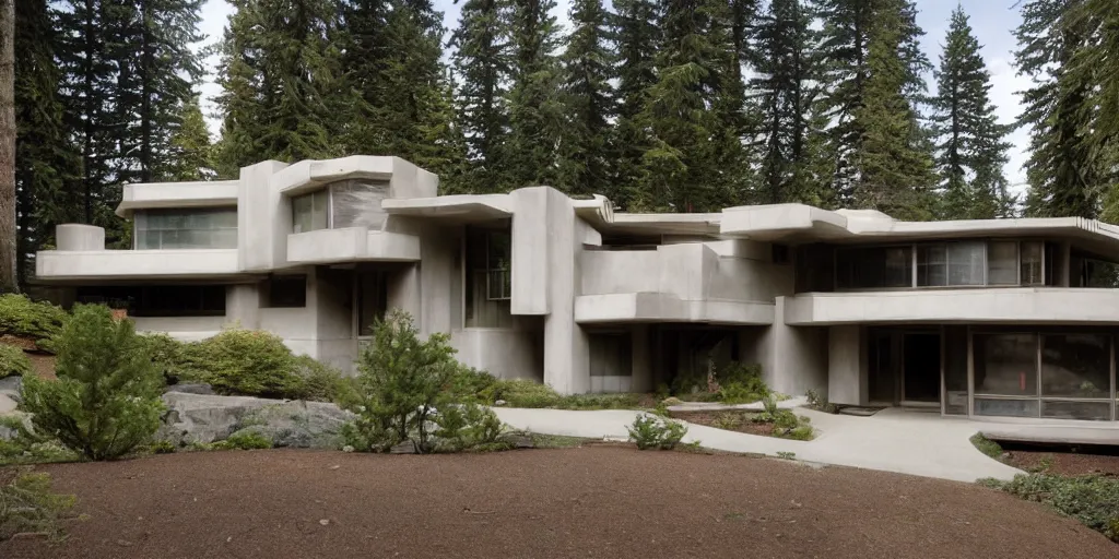 Prompt: large futuristic residence, pacific northwest, cedar and white concrete, many large windows, triangular elements designed by frank lloyd wright