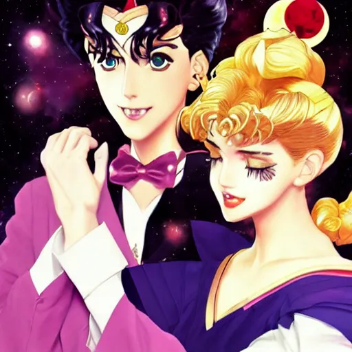 Image similar to Sailor Moon and Tuxedo Mask singing karaoke, highly detailed, digital painting, artstation, concept art, sharp focus, illustration, cinematic lighting, art by artgerm and greg rutkowski and alphonse mucha