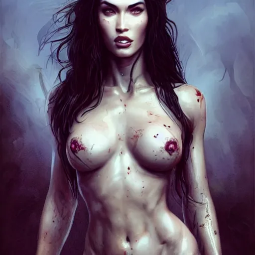 Prompt: portrait of megan fox, sexy muscular upper body, bloody eyes, fantasy, intricate, elegant, highly detailed, digital painting, artstation, concept art, matte, sharp focus, illustration, art by aenaluck and roberto ferri and greg rutkowski, epic fantasy, digital painting