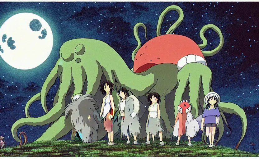 Prompt: a still from a studio ghibli movie of a cartoon cthulhu and friends from princess mononoke ( 1 9 9 7 ), in front of a pale full moon, full body, wide shot, very dull muted colors, studio ghibli, highly detailed, deviantart, art by artgem