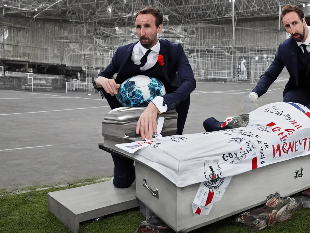 Prompt: a solemn perfect photograph of gareth southgate placing a soccer ball into a coffin decorated with hate mail.