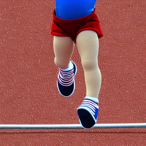 Prompt: screaming chucky doll doing long jump at the olympics