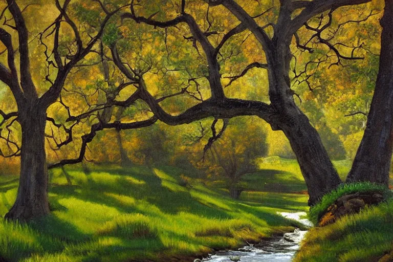 Prompt: masterpiece painting of oak trees on a hillside overlooking a creek, dramatic lighting, by paul o. zelinsky