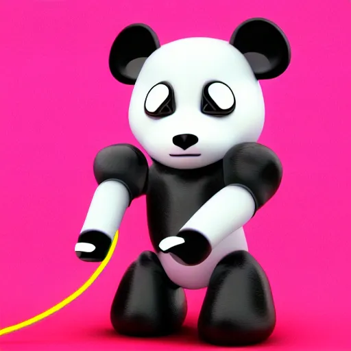 Image similar to 3D Render Portrait Of A Cute, Robot Panda With Glowing Yellow Eyes On A Neon Pink Background, Digital Art