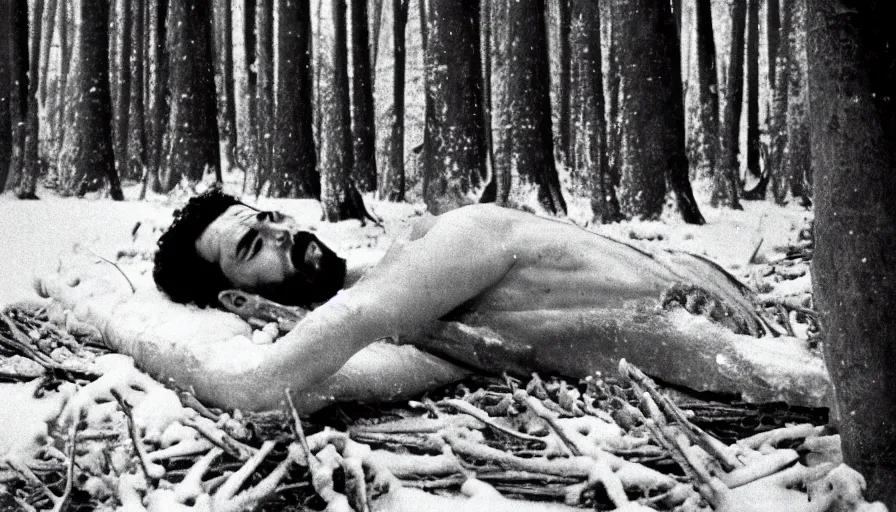 Prompt: 1 9 6 0 s movie still close up of a skinny emperor marcus aurelius with frozen face and a frozen toga, laying down on the danube's shore pine forests, cinestill 8 0 0 t 3 5 mm b & w, high quality, heavy grain, high detail, texture, dramatic light, anamorphic, hyperrealistic, foggy