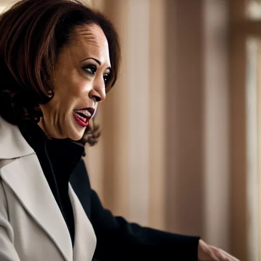 Image similar to disney cruella devilla being acted by kamala harris, 8 k, professional photography, cinematic shot, dark, smoke