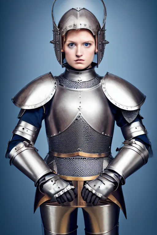 Prompt: female knight, brown hairs, no helmet, blue eyes, armor created by louis vuitton, lv logos, symmetrical, cinematic, elegant, professional studio light, real dlsr photography, sharp focus, 4 k, ultra hd, sense of awe