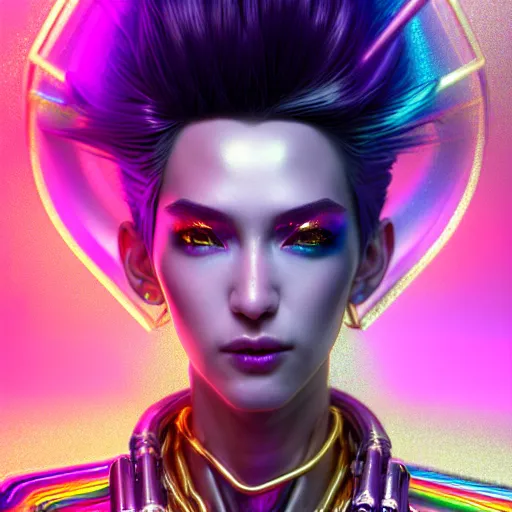 Image similar to hyperdetailed portrait of a stunningly beautiful cyberpunk girlfriend androgynous wizard made of iridescent metals and shiny pink gems, bright rainbow nimbus, gold necklace, gold background inspired by ross tran and masamune shirow and kuvshinov, intricate, photorealistic, octane render, rtx, hdr, unreal engine, dnd digital art by artgerm