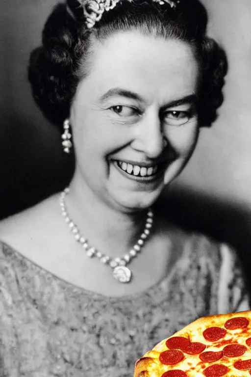 Image similar to historical photo of queen margherita ( savoy ) smiling seductively at her pizza margherita, closeup photo, portrait photo, diffuse light, acclaimed masterpiece