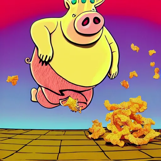 Prompt: trippy comic art of a obese pig wearing a gold crown throwing pork rinds snacks into the air, drawn by Martin Rowson, Tim Burton, Studio Ghibli, Alex Pardee, Nekro Petros Afshar, James McDermott, colors by lisa frank, unstirred paint, vivid color, cgsociety 4K