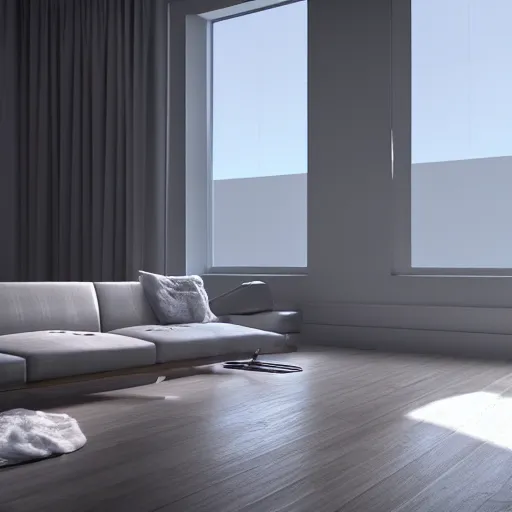 Prompt: a simple modern living room, cinema 4d render, Ray tracing reflection, natural light, Crepuscular rays,