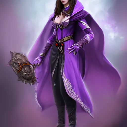 Image similar to female warlock long hood cloak purple, fighting monster with magic, 8 k, trending on artstation by tooth wu