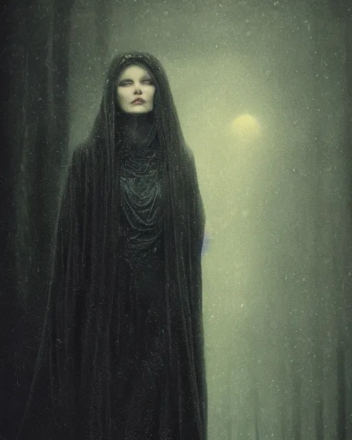 Prompt: award - winning photo of a woman with melancholy, wearing a cloak, mysterious, dark, intricate, concept art, glowy, sweet night ambient, fog, by erwin olaf, by carlos schwabe, by delphin enjolras